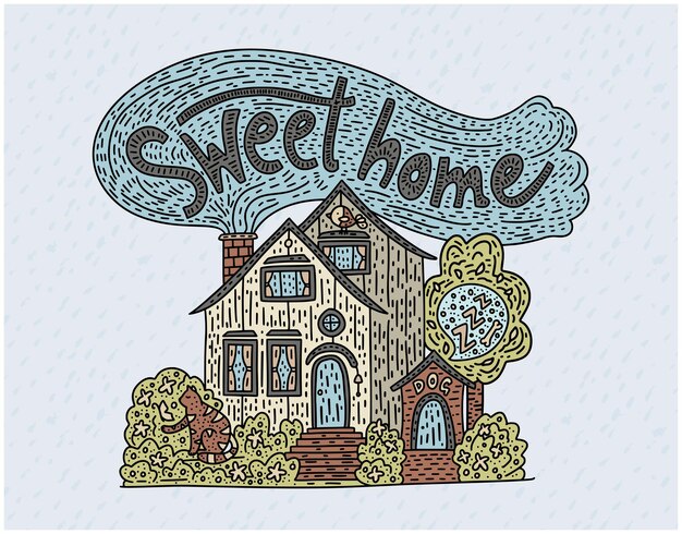 Land doodle gedetailleerd huisje met handgetekende letters sweet home