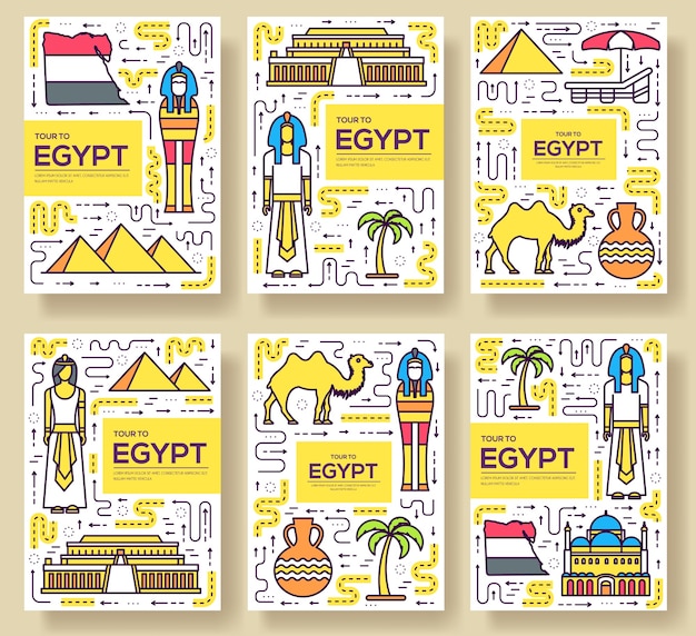 Land egypte reizen vakantie gids vector brochure dunne lijn kaartenset