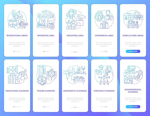 Pianificazione della gestione del territorio gradiente blu onboarding set di schermate dell'app mobile procedura dettagliata in 5 passaggi pagine di istruzioni grafiche con concetti lineari modello gui ui ux myriad probold font regolari utilizzati