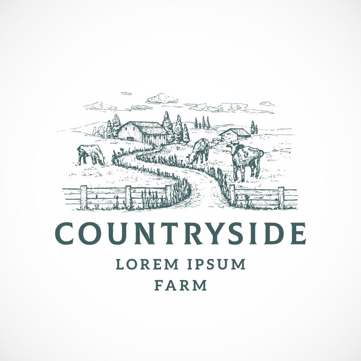 Vector landbouw boerderij retro badge of logo sjabloon. handgetekende plattelandsweglandschapsschets met schuren en koeien en typografielay-out. vintage schets embleem. geïsoleerd.
