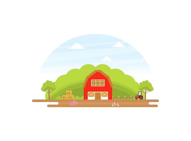 Vector landbouw en boerderij zomer landschap met red barn tractor en livestock vector illustratie