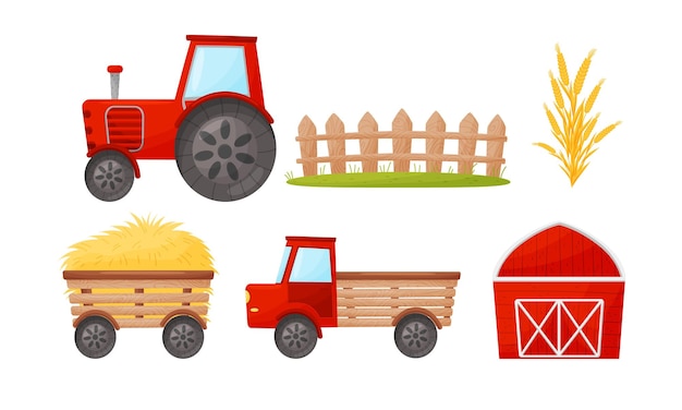 Vector landbouw- en oogstthema met schuur- en tractorvectorset