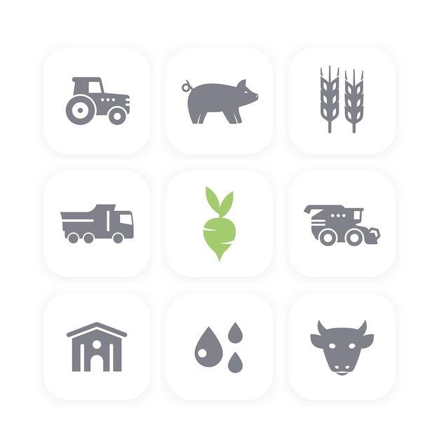 Landbouw landbouw pictogrammen instellen agrimotor vee verhogen schuur oogst maaidorser vectorillustratie