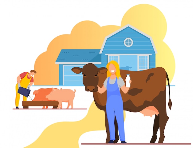 Vector landbouw rancher mensen die op dierlijk landbouwbedrijf werken.
