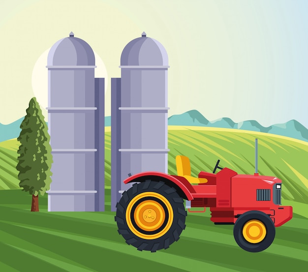 Landbouw silo opslag tractor boom bergen ingediend landschap