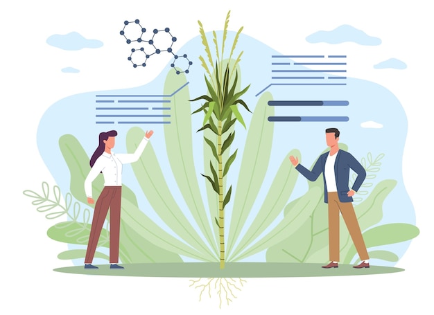 Vector landbouw toekomst intelligente gegevensverzameling groeianalyse met geavanceerde technologieën teelt van enorme planten innovatie in de landbouwindustrie vector cartoon vlak geïsoleerd concept