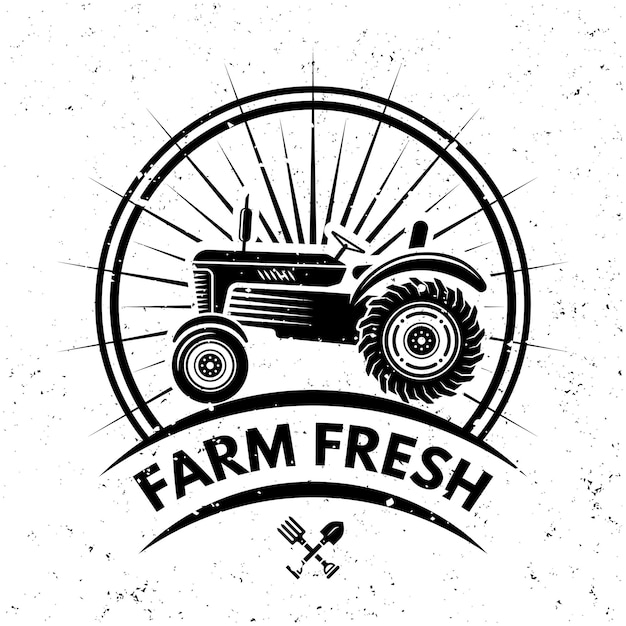 Landbouw vector monochroom embleem label badge of logo in vintage stijl met tractor op achtergrond met verwisselbare grunge texturen