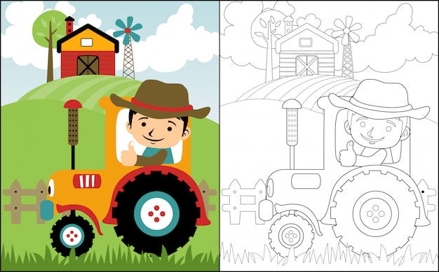 Vector landbouwerbeeldverhaal op gele tractor