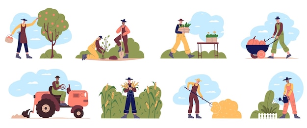 Landbouwers werken Mensen in werkkleding plukken appels Planten verbouwen Fruitbomen in de boomgaard Man water geven aan de tuin en ploegen het veld Tractor en oogst hooi Vector landbouwwerkers set