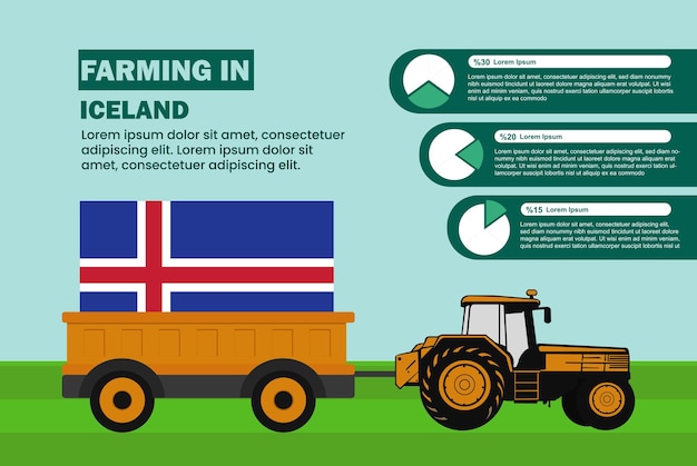 Landbouwindustrie in cirkeldiagraminfographics van IJsland met tractor en aanhangwagen