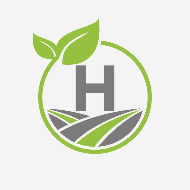 Landbouwlogo op letter H met blad- en veldsymbool Landbouwlogotype symboolsjabloon