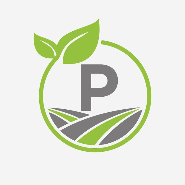 Landbouwlogo op letter P met blad- en veldsymbool Landbouwlogotype symboolsjabloon