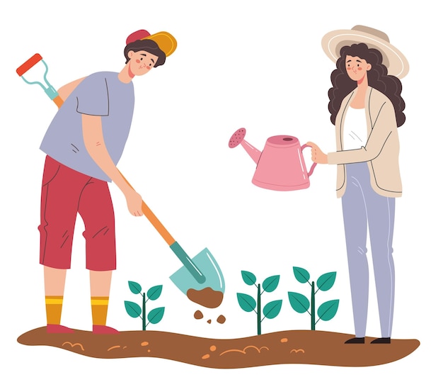 Landbouwmensen die in de tuin werken en planten grafisch elementillustratie kweken