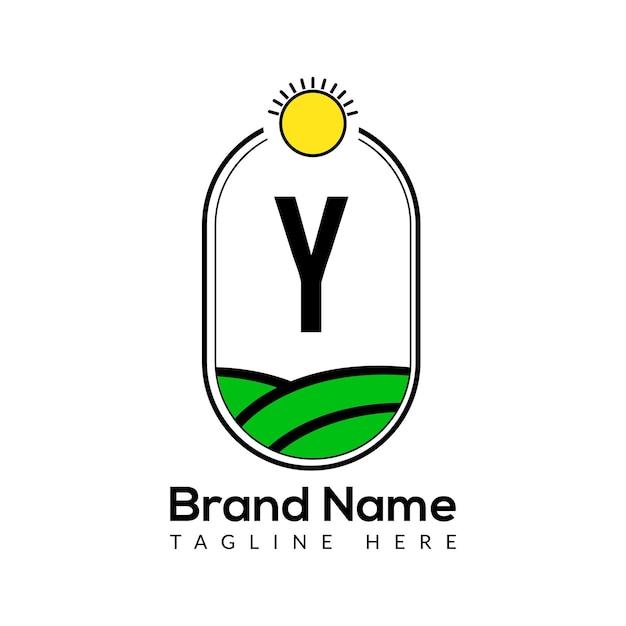 Landbouwsjabloon Op Y Brief. Landbouwgrond Logo, Agro Farm, Eco farm logo-ontwerp met zonpictogram.
