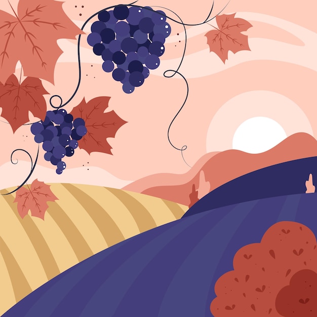 Vector landelijk landschap met velden avondlandschap wijngaard wijnbouw wijnbouw wijnbouw wijnmakerij