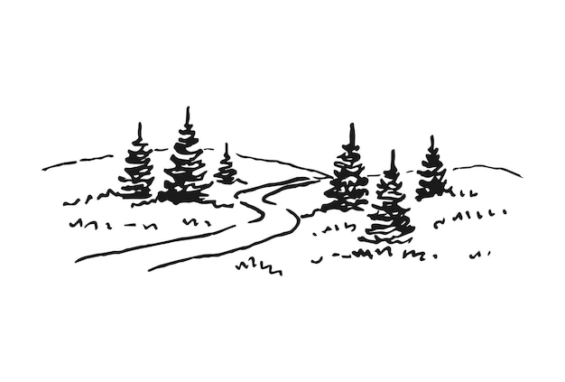 Vector landelijk landschap met weg en boom handgetekende illustratie geconverteerd naar vector