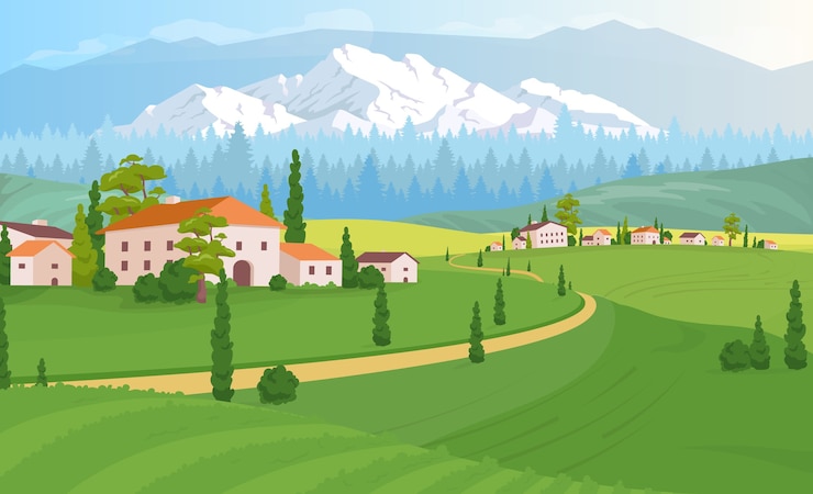 Vector landelijke woning landschap egale kleur illustratie