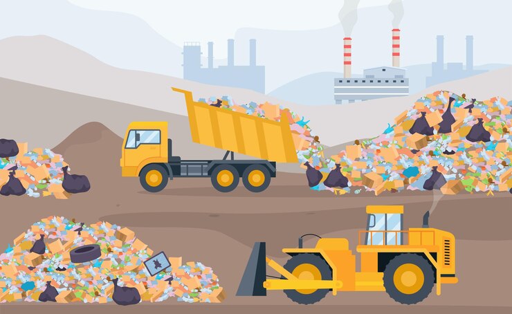 Vector landfill landscape with trash piles, bulldozer and garbage truck. plastic pollution and waste recycling process. garbage dump vector concept. illustration of landfill garbage and trash