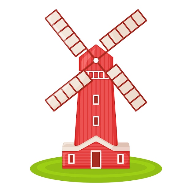 Vector landhuis met rode molen, boerderij schuur en graanschuur gebouw op groene boerderij veld perceel cartoon vectorillustratie, geïsoleerd op wit. moderne grote boerderij met oogstgewas.