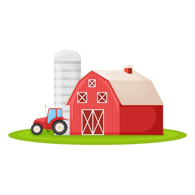 Landhuis met rode schuur, boer trekker en graanschuur gebouw op groene boerderij veld plot cartoon vectorillustratie, geïsoleerd op wit. Moderne grote boerderij met hooibergoogst.