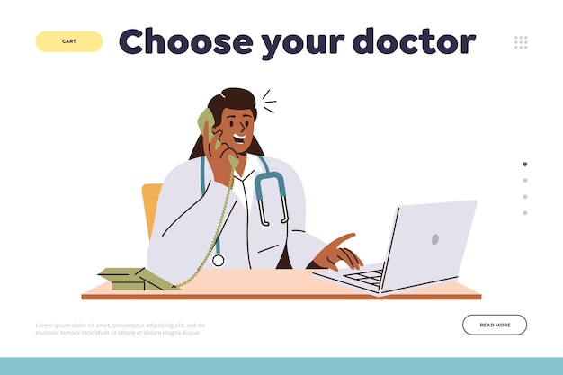 Vector landing page advertising online service for choosing doctor online searching therapist for help