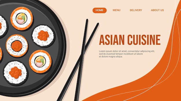 landing page for asian food delivery restaurant sushi and rolls vector