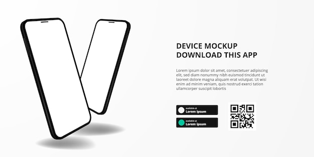 Баннерная реклама целевой страницы для загрузки приложения для мобильного телефона, 3D двойной макет устройства для смартфонов. Скачать кнопки с шаблоном сканирования qr-кода.