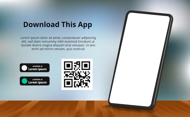 Vector landing page banner advertising for downloading app for mobile phone, 3d smartphone with wood floor and blur background. download buttons with scan qr code template.