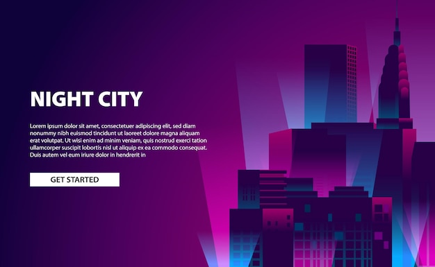 Pagina di destinazione banner bagliore neon colore città notte illustrazione con grattacielo con sfondo scuro