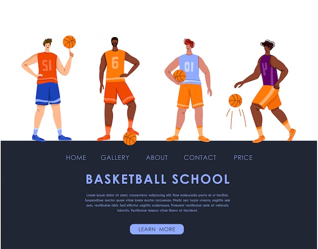 Vector landing page - basketball players with ball and copy space, text place, muscular athletic men in sport uniform