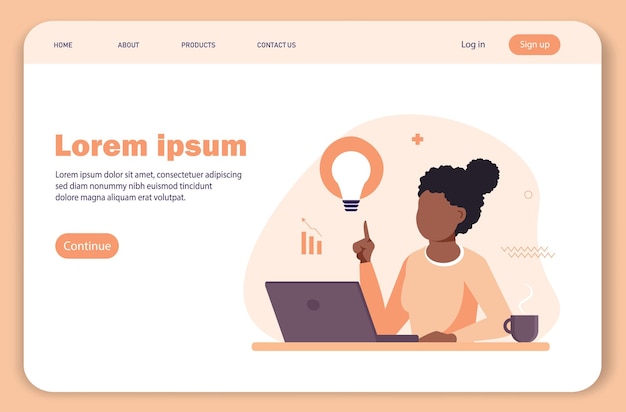 Vector landing page the black woman working on a laptop. freelance work concept