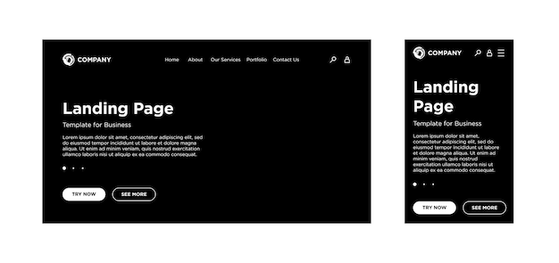 Vector landing page blank template desktop pc and mobile adaptive version site layout black background