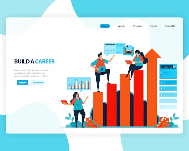 キャリアとリーダーシップを構築するためのランディングページ。ビジネス目標を達成するためのチャート。仕事で精神を発達させます。