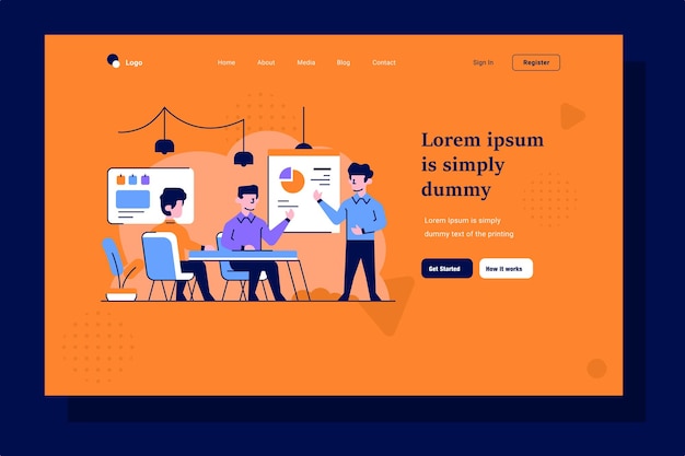 Landing Page Business employer doing presentation discussion teamwork flat and outline illustration