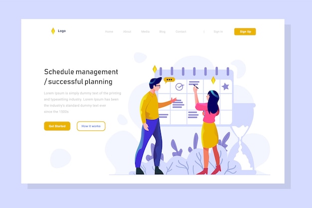 landing page business finance employee manage work schedule date on calendar flat design style