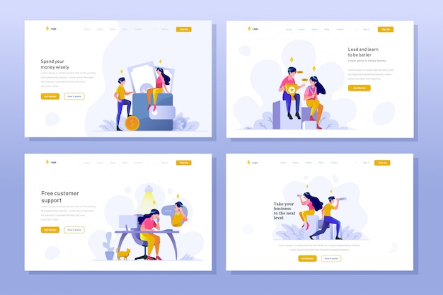 Vector landing page business and finance vector illustration flat gradient design style, saving money on wallet, winner achievement, customer service, vision, telescope