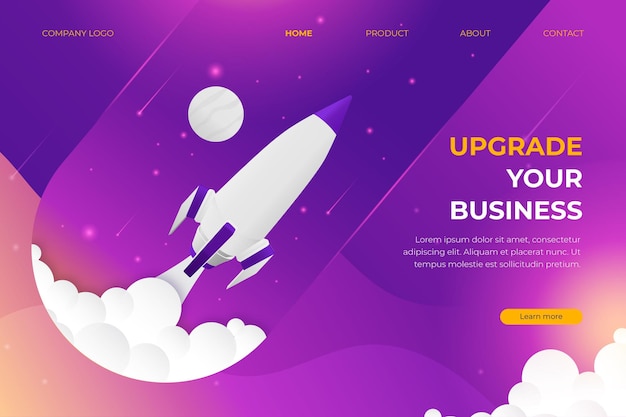Vector landing page business upgrade with spaceship in space