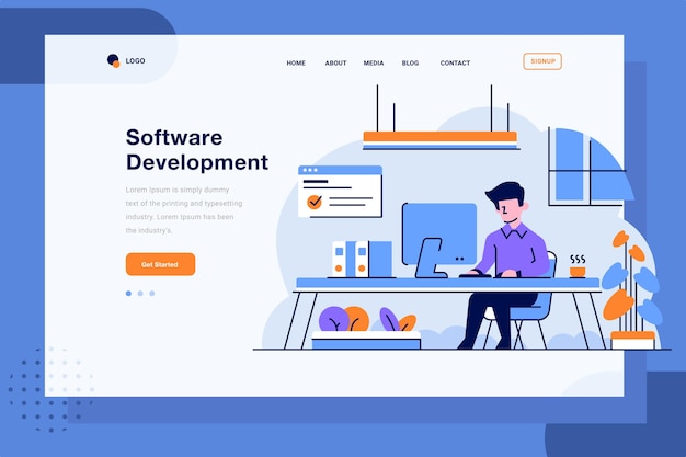 Landing Page business worker work in office finish assignments computer employee flat outline style