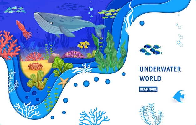 Landing page cartoon whale fish shoal and sea paper cut landscape Vector web banner with underwater world animals squid crab tropical seaweeds and coral reefs Ocean biodiversity 3d papercut art