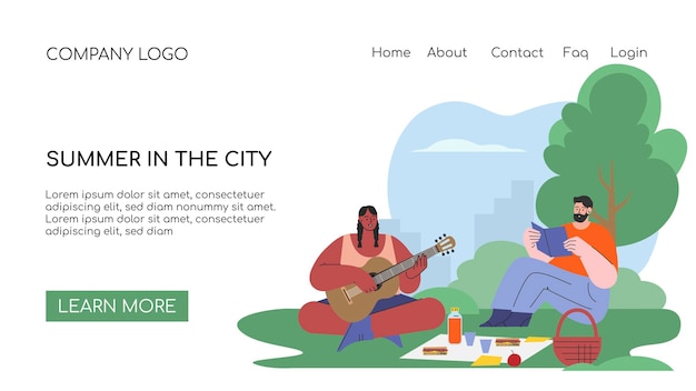 Vector landing page concept summer in the city people rest in the park talking with friends relaxing atmosp