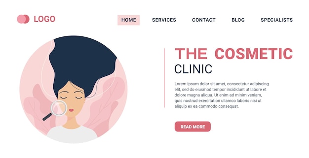landing page for cosmetology beauty salon female face skin under magnifying glass