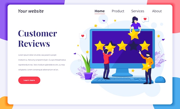 Vector landing page design concept of customer reviews, people giving five stars rating and review and positive feedback