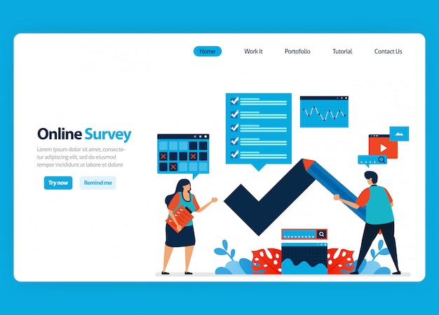 Progettazione di landing page per sondaggi ed esami online, compilando sondaggi con internet e software di validazione. illustrazione piatta