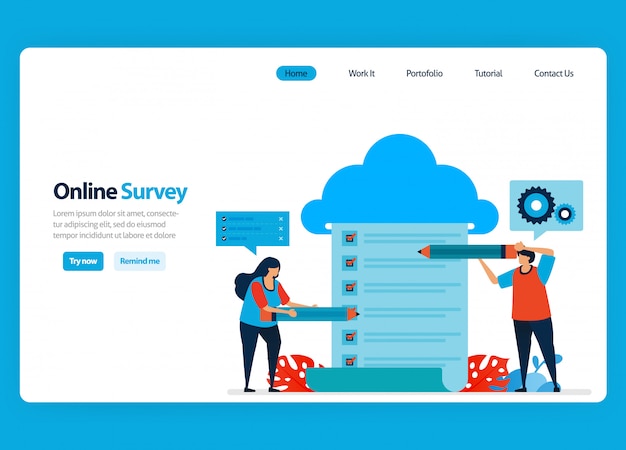 Landing page design for online survey and exam, hosting and server services to process survey results to big data and databases. flat illustration