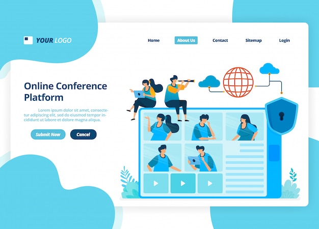  landing page design of online video conference. business meetings and discussions.  