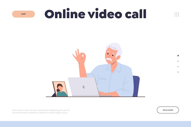 Landing page design template offering best laptop computer application for online video call and videoconferencing vector illustration of elderly senior man character talking to relatives on internet