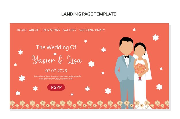 Landing page design template for wedding invitation with cute couple Vector illustration