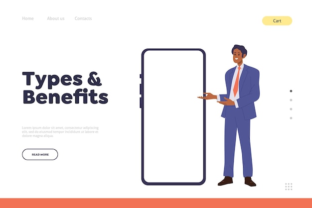 Landing page design template with businessman sales manager showing mobile phone and application types and benefits Online electronic appliance shop store offering review of best smartphone