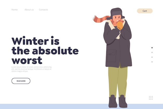 Landing page design template with freezing man character in warm outwear feeling bad and unwell