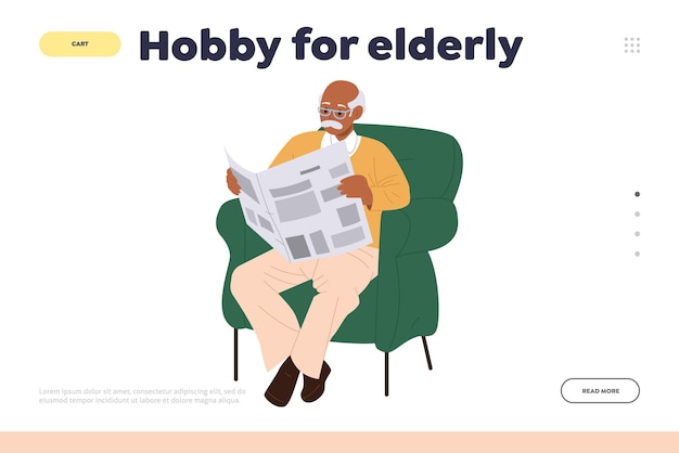 高齢者が退職後に自由な時間を過ごす趣味を提供するランディング ページ デザインのウェブサイト テンプレート 自宅で夕方に肘掛け椅子に座って毎日新聞を読む幸せな退職した男性ベクトルイラスト